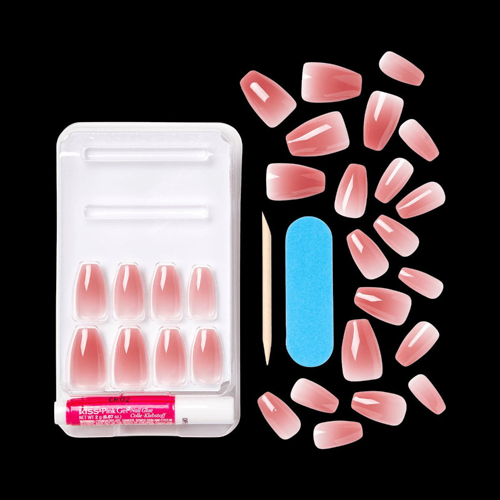 Set of pink nail tips with a packaging case on a black background